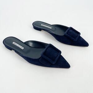Manolo Blahnik Maysale Navy Blue Suede Buckle Pointed Toe Mule Flats IT 39.5